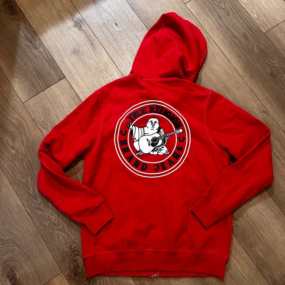 True Religion Mens Buddha Logo Zip Up Hoodie Red White Stitch Sweatshirt Large